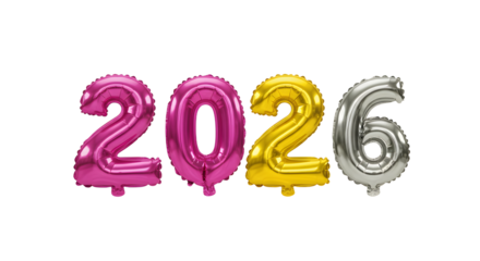 Colorful 2026 balloon numbers isolated on white background, festive celebration decoration for New Year or milestone events
