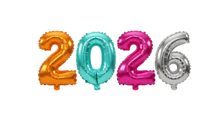 Colorful 2026 number balloons in gold, teal, pink, and silver on white background, perfect for New Year celebrations and milestone events