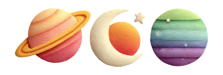 Colorful Planet and Moon Set with Texture on Transparent Background