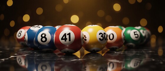 glowing lottery balls arranged on a reflective surface, showcasing a vibrant and fortunate gaming scene | gambling, lottery, finance, chance, celebration theme