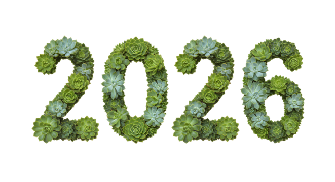 Green succulent plants arranged in numbers forming 2026, symbolizing future or new year, perfect for eco-friendly and nature-themed celebrations