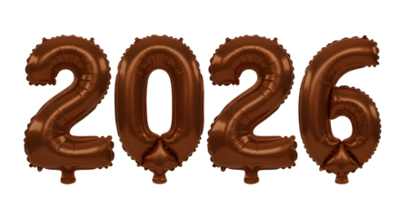 Brown foil balloons shaped as the numbers 2026 on white background, perfect for New Year or countdown celebrations