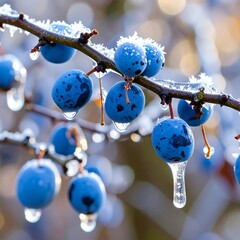 Frozen berries on a branch