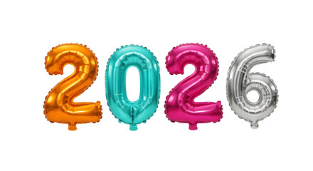 Colorful 2026 foil number balloons in orange, turquoise, pink, and silver for New Year celebrations and parties