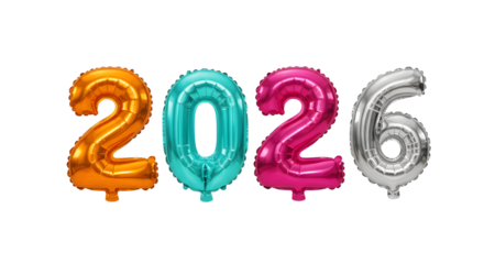 Colorful 2026 foil number balloons in orange, turquoise, pink, and silver for New Year celebrations and parties