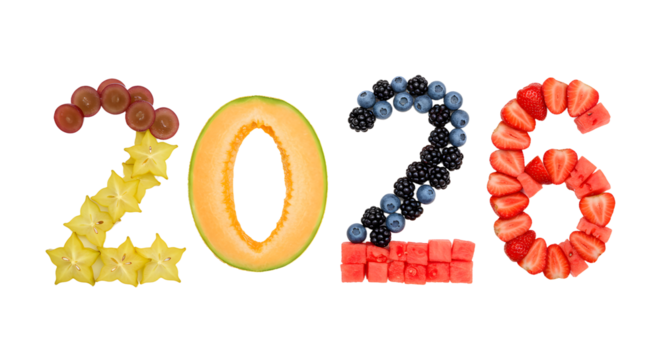 Creative 2026 numbers made of fresh tropical fruits and berries isolated on white, healthy fruit digits perfect for nutrition and diet themes