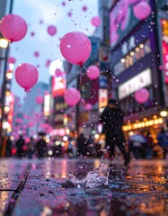 Pink balloons float above a busy city street during a light rain