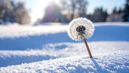 Frozen dandelion in snowy landscape