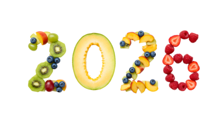 Colorful 2026 year numbers made from fresh fruit slices with kiwi, blueberry, banana, strawberry and raspberry, healthy creative concept perfect for summer and nutrition themes