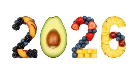 Fresh fruits arranged to form 2026 year number made with avocado, banana, strawberry, blueberry, raspberry and pineapple, healthy lifestyle concept