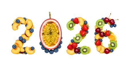 Obraz premium Fresh tropical fruit numbers 2026 made with apricot, passion fruit, kiwi, berry and cherry slices, perfect for healthy summer events