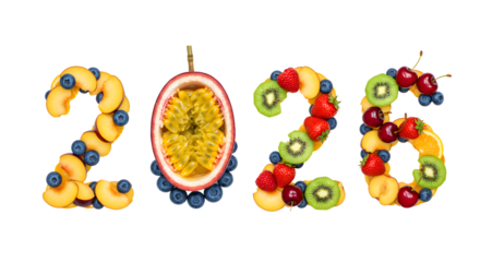 Fresh tropical fruit numbers 2026 made with apricot, passion fruit, kiwi, berry and cherry slices, perfect for healthy summer events