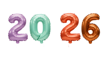 Colorful metallic foil balloons shaped as the numbers 2026, perfect for New Year celebrations or milestone events