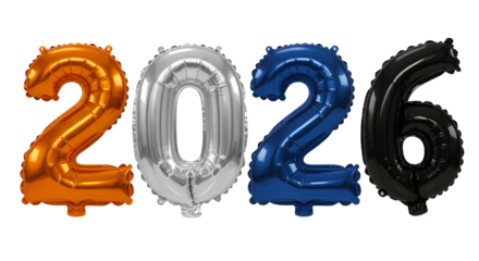 Metallic foil balloons shaped as 2026 in orange, silver, blue, and black colors, ideal for New Year celebrations and countdown events
