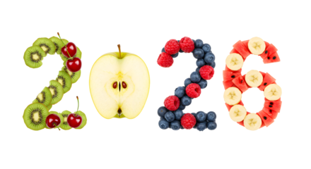 Number 2026 made from fresh fruits including kiwi, apple, berries, and banana slices, healthy food concept perfect for nutrition and diet themes