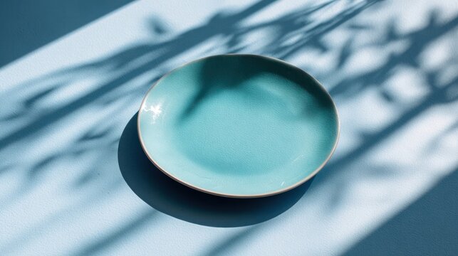 Aesthetic turquoise ceramic plate casting a shadow on a light blue surface in the bright sunlight, creating a minimalist scene