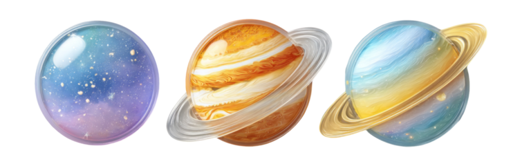 Three Colorful Planetary Spheres with Rings on Transparent Background