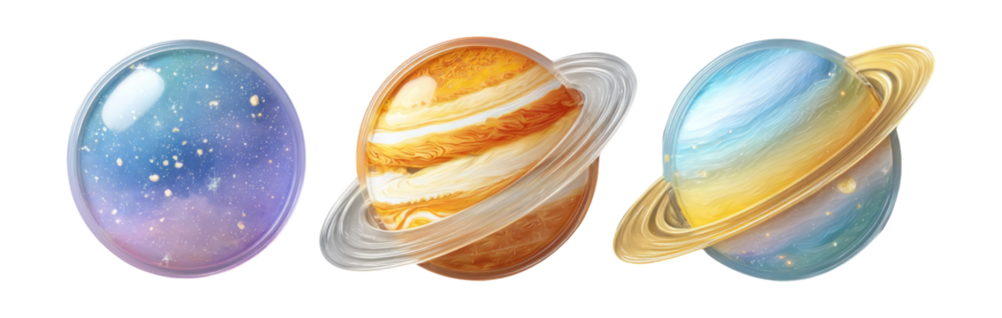 Three Colorful Planetary Spheres with Rings on Transparent Background - Powered by Adobe