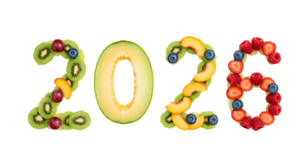 Fresh fruit numbers 2026 made with kiwi, pineapple, blueberries, and strawberries, healthy concept ideal for nutrition and diet presentations