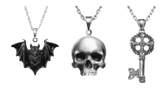Gothic Jewelry Collection with Bat, Skull, and Key Pendants on Transparent Background