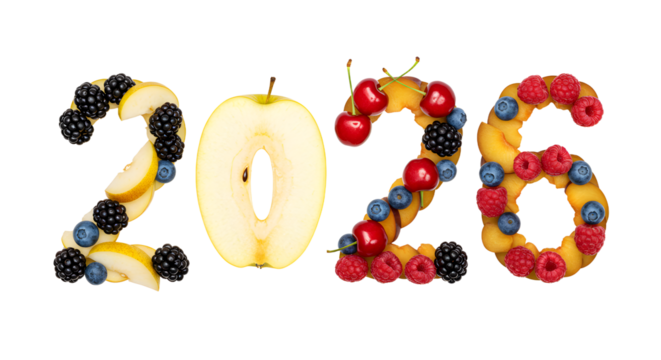 Fresh fruit numbers spelling 2026 with apples, blackberries, blueberries, raspberries, and cherries, healthy concept, perfect for New Year or calendar themes
