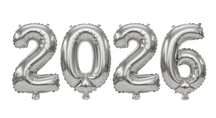 Silver foil balloons shaped as numbers 2026 isolated on white background, perfect for New Year celebrations or milestone events