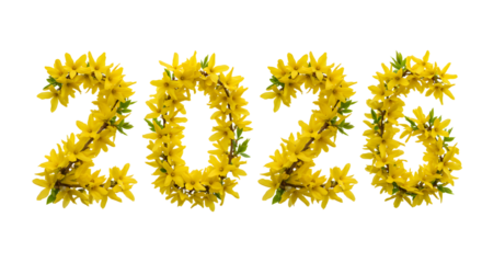 Yellow daffodil flowers shaped as the year 2026, floral numbers for spring, Easter or seasonal celebration designs
