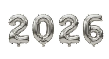 Silver foil balloons shaped as numbers 2026 isolated on white background, perfect for New Year celebrations and milestone events