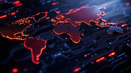 Futuristic digital world map with glowing circuitry design