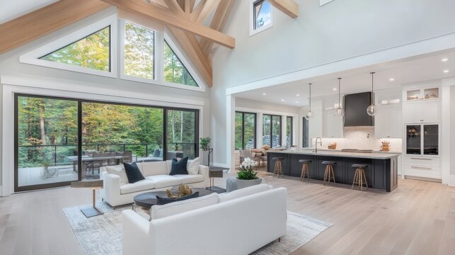 Open plan farmhouse style living room and kitchen