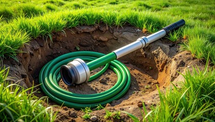 A green hose and metal tool in a dug hole, surrounded by grass