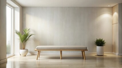 Serene Minimalist Interior Design Featuring a Light Neutral Palette and Simple Wooden Bench