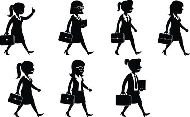 Businesswomen walking silhouettes, professional women with briefcases, corporate female characters, office career women, confident businesswomen vector set