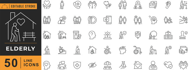 Elderly line editable icon set. Vector illustration.