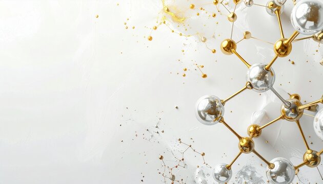 Elegant white background with abstract molecular structure on the right side, gold and silver accents, clean space on the left for text