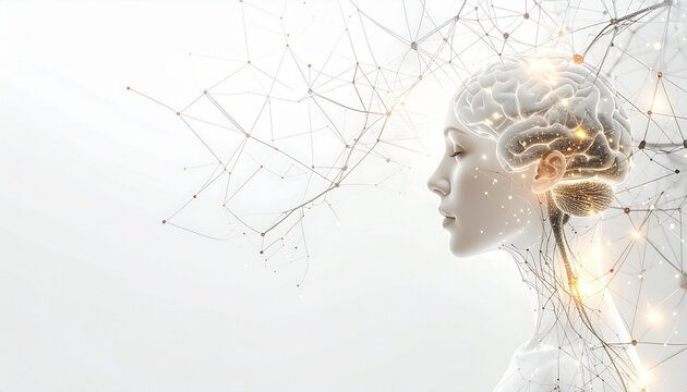 Luxurious white background with neural network lines and glowing synapses on the right edge, elegant light effect, left side clear for text placement