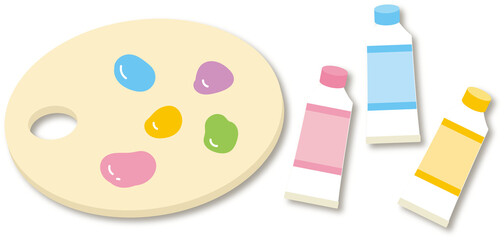 カラフルな絵の具とパレットのイラスト