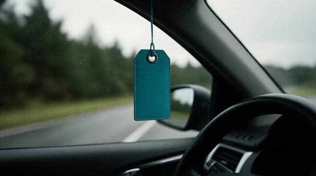 car interior detail: blue air freshener hanging from rearview mirror on road trip | automotive, travel, lifestyle, accessories, driving theme