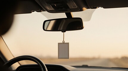 blank air freshener tag hanging from rearview mirror interior | automotive, travel, lifestyle, advertising, marketing theme