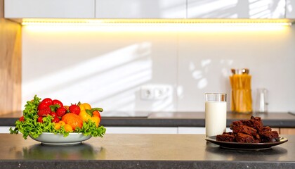Fruits and brownies on a kitchen counter
