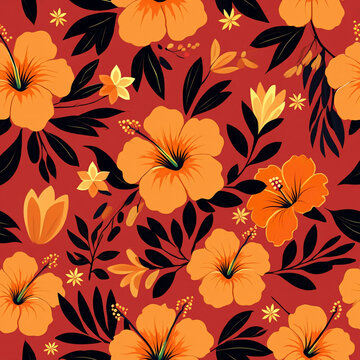 Vibrant tropical hibiscus flower pattern on a red background.