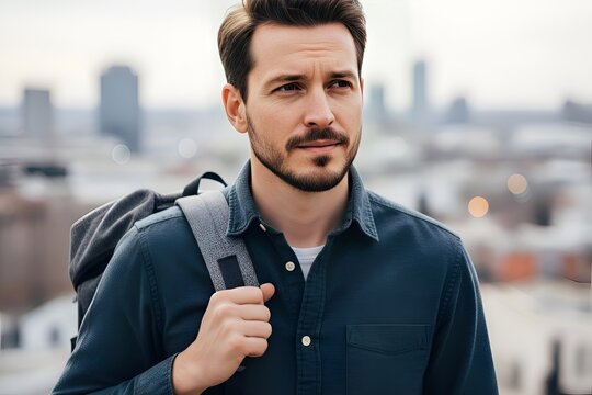 Thoughtful man with backpack on a city rooftop, with a blurred urban background on a cloudy day