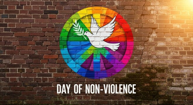 Peace dove symbol on brick wall celebrating Day of Non-Violence with vibrant colors and hope