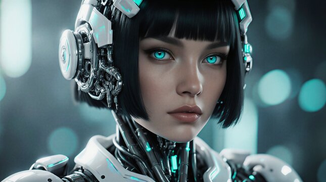 futuristic cyborg female portrait with neon light and intricate technological details | science fiction, cyberpunk, futurism, robotics, fantasy theme