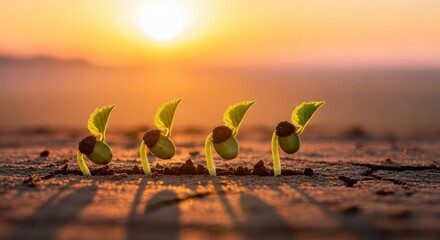 Three Small Green Seedlings Growing in Soil, Concept of New Life and Growth