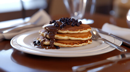 A breakfast table scene with folded napkin, silver cutlery, and a white plate of pancakes layered with chocolate chips and glossy brown sauce