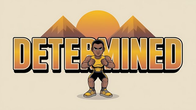 Focused athlete stands ready with a determined spirit against a stylized sunrise backdrop.