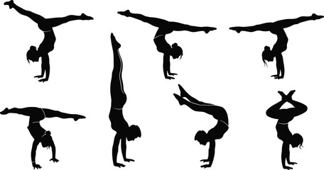 Silhouette of woman doing gymnastic handstands in different poses, fitness, balance, flexibility, yoga, athletic workout, black vector illustration