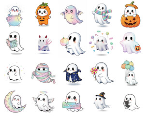 Obraz premium Cute kawaii halloween ghost illustration set with cartoon spooky characters