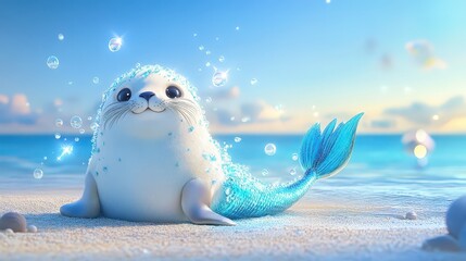 Obraz premium Adorable seal dressed in a shimmering blue mermaid